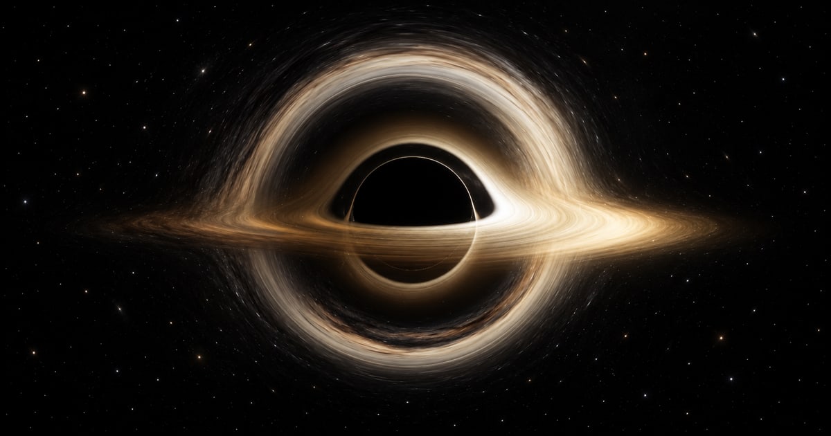 AI ilustrace černé díry se světlým akrečním diskem a gravitačně zakřiveným světlem.